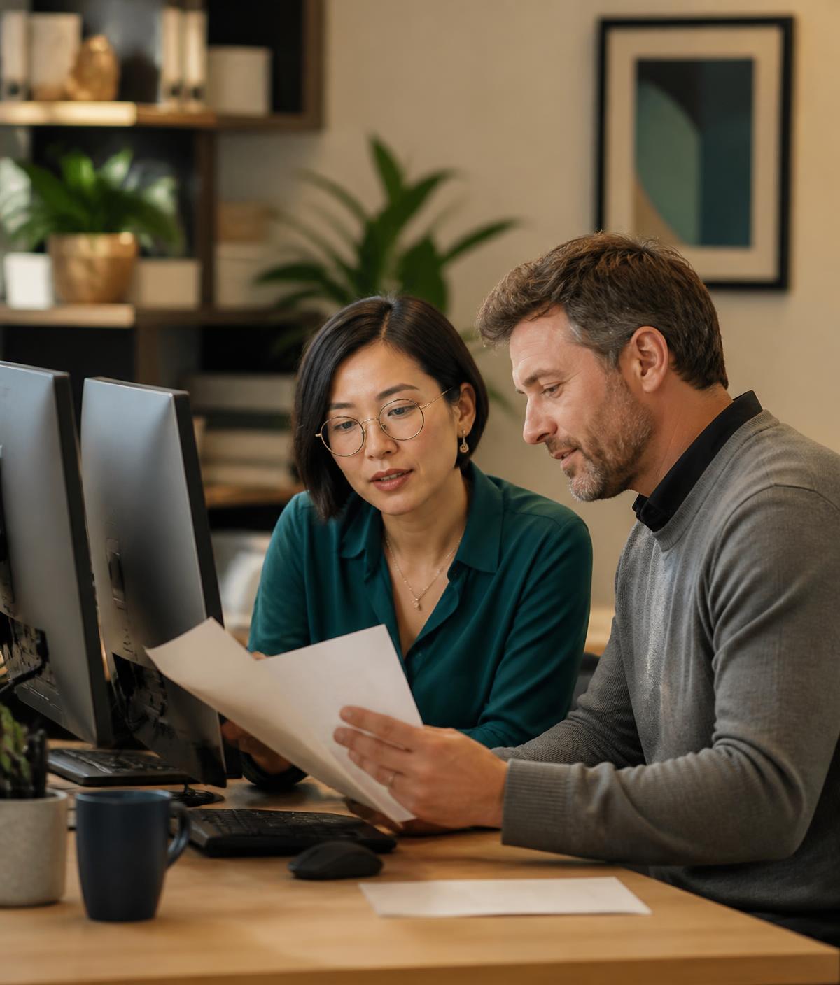 Two linguists reviewing a translated document together at a workstation